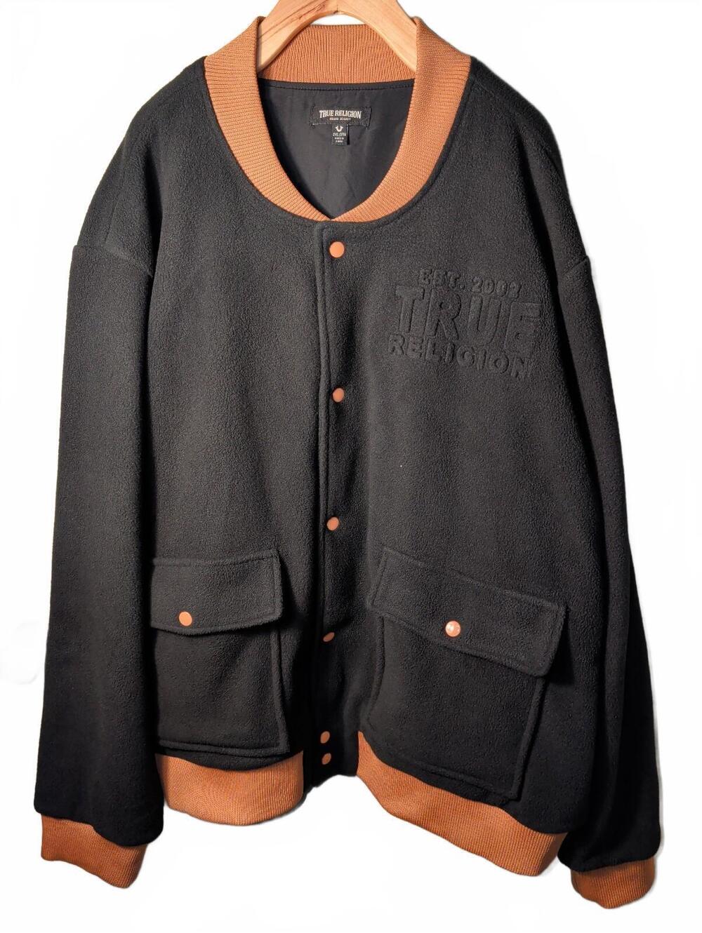 True Religion Men's Utility Jacket 2XL Black Orange Fleece Bomber Casual Button